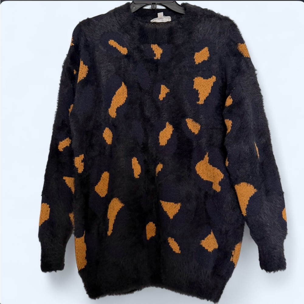 THML Black Fuzzy Sweater with Rust Orange and Navy Spot Pattern